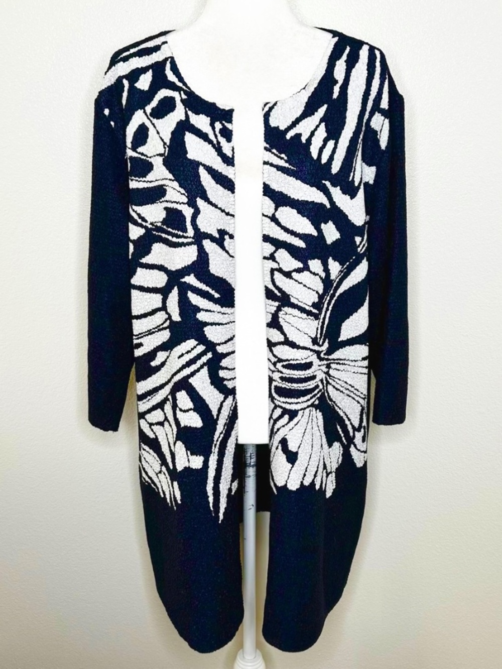 Chicos Travelers Womens Navy White Crinkle Texture Open Front Cardigan Size 3/XL